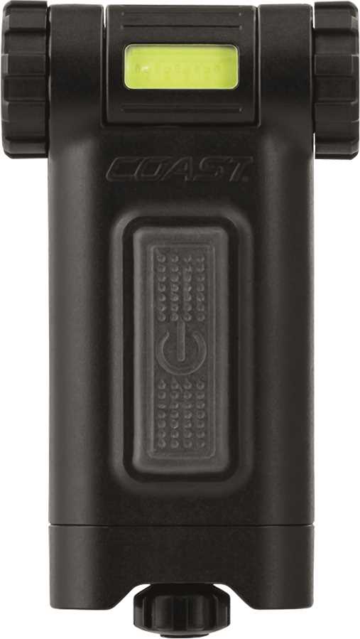 Schwarze Clipleuchte mit rechteckigem gelbem Lichtfeld oben und gummierter Einschalttaste mit Symbol vorne