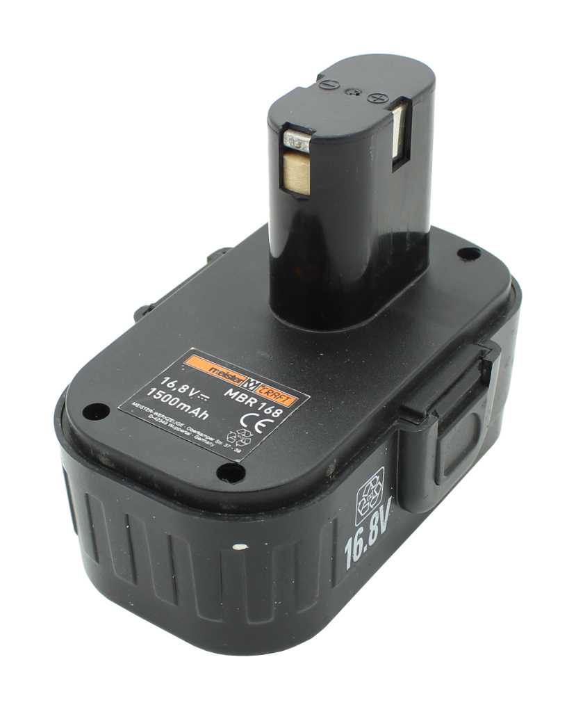 Schwarzer Werkzeugakku mit Steckkontakt und seitlichen Entriegelungstasten, rechteckige Bauform mit erhöhter Säule