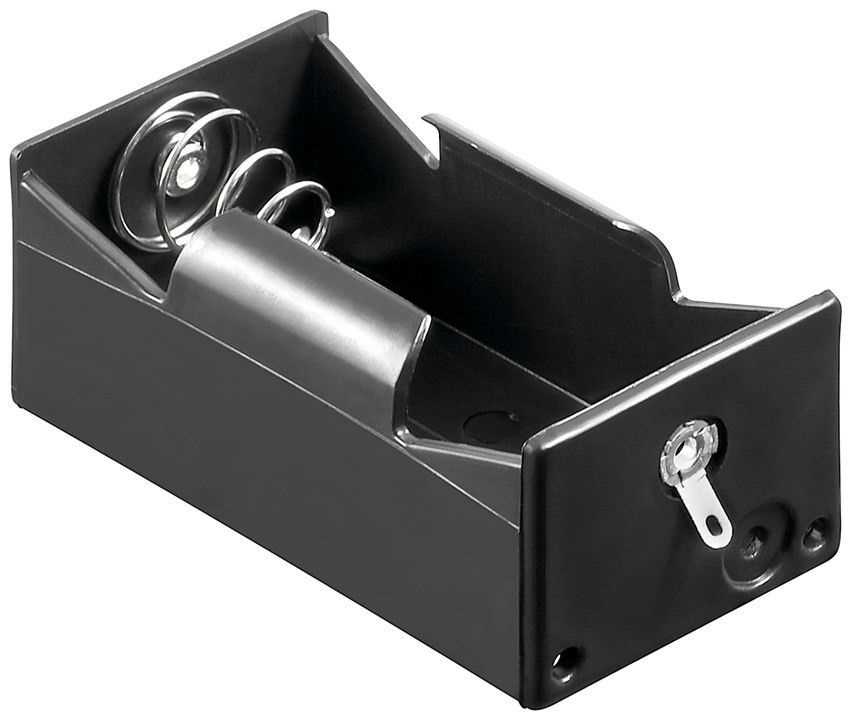 Schwarzer Kunststoff-Batteriehalter für eine Zelle mit Federkontakt und Metalllaschen an den Enden
