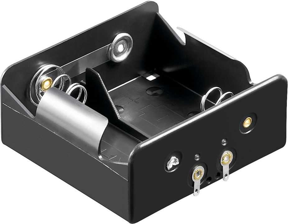 Schwarzer Batteriekasten für zwei Zellen mit Federkontakten und zwei Metallanschlüssen an der Stirnseite