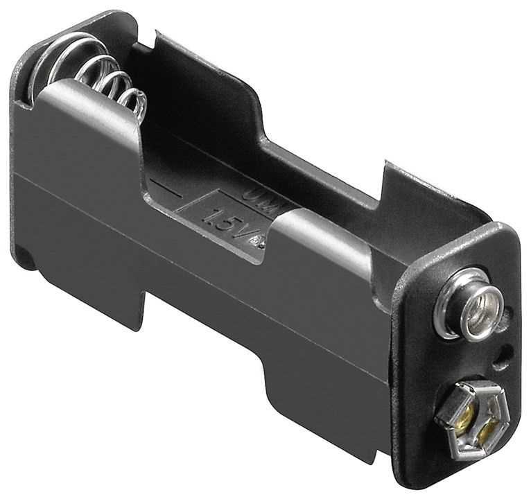 Schwarzer Batteriekasten für zwei AA-Zellen mit Federkontakten und Druckknopfanschlüssen an der Stirnseite