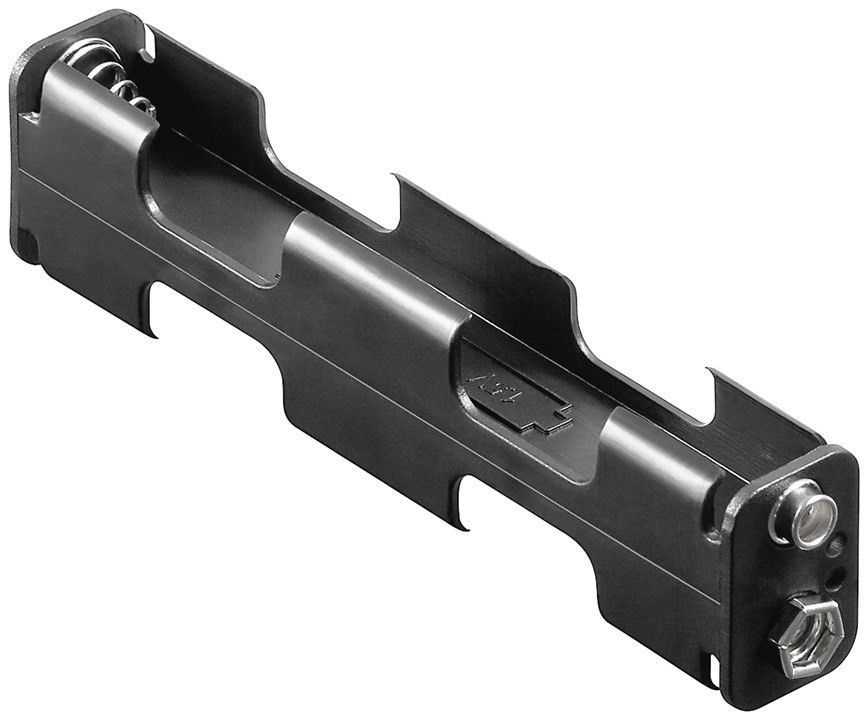 Schwarzer Kunststoff-Batteriehalter mit vier Batteriefächern, Federkontakten und Druckknopfanschlüssen an einem Ende