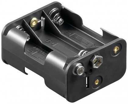 Schwarzer Batteriehalter mit sechs Fächern, Metallfedern und seitlichem Druckknopfanschluss sichtbar