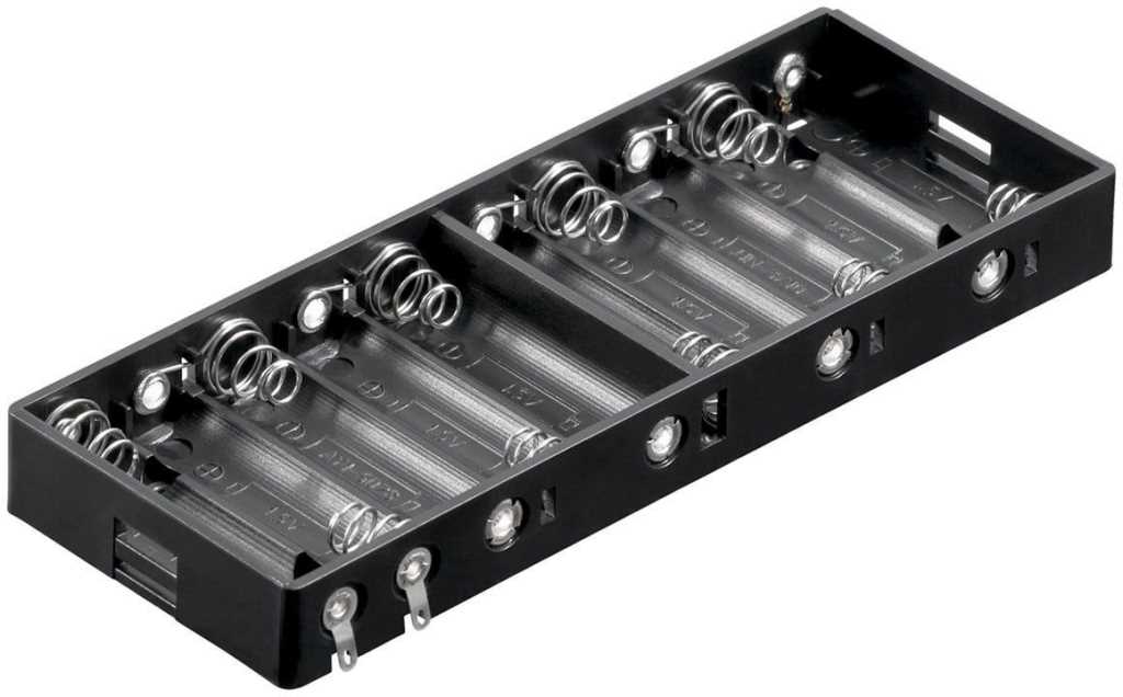 Schwarzer Kunststoff-Batteriehalter mit fünf Doppelkammern und Metallfedern sowie zwei Lötfahnen an der Stirnseite