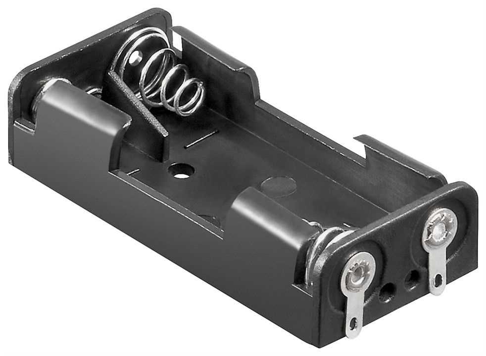 Schwarzer Kunststoff-Batteriehalter für zwei Zellen mit Federkontakten und zwei Metalllaschen an der Stirnseite