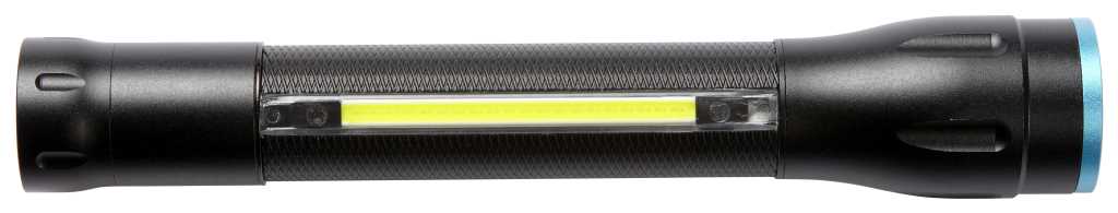 Schwarze Stablampe mit geriffeltem Griff, seitlichem LED-Lichtstreifen und blauem Ring am rechten Ende