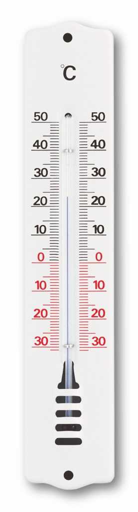 Weißes Thermometer zum Aufhängen mit Celsius-Skala von -30 bis 50 und roter Markierung bei 0