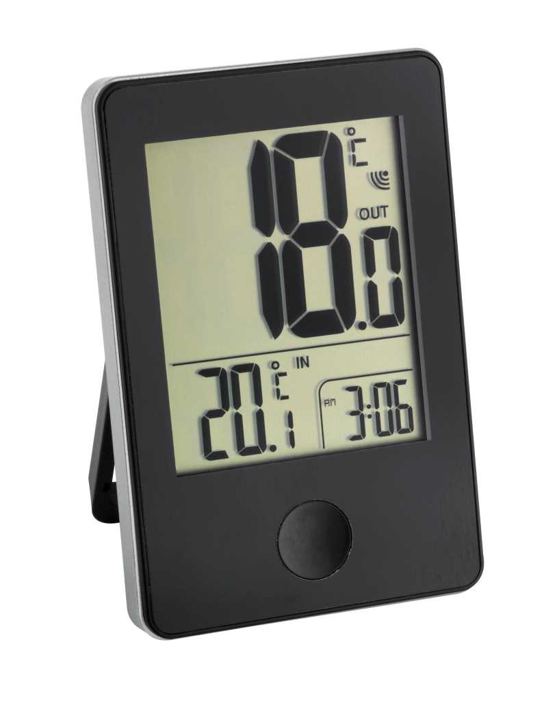 Schwarzes digitales Thermometer mit Display für Außen 10,0 °C und Innen 20,1 °C sowie Uhrzeit 3:06 am