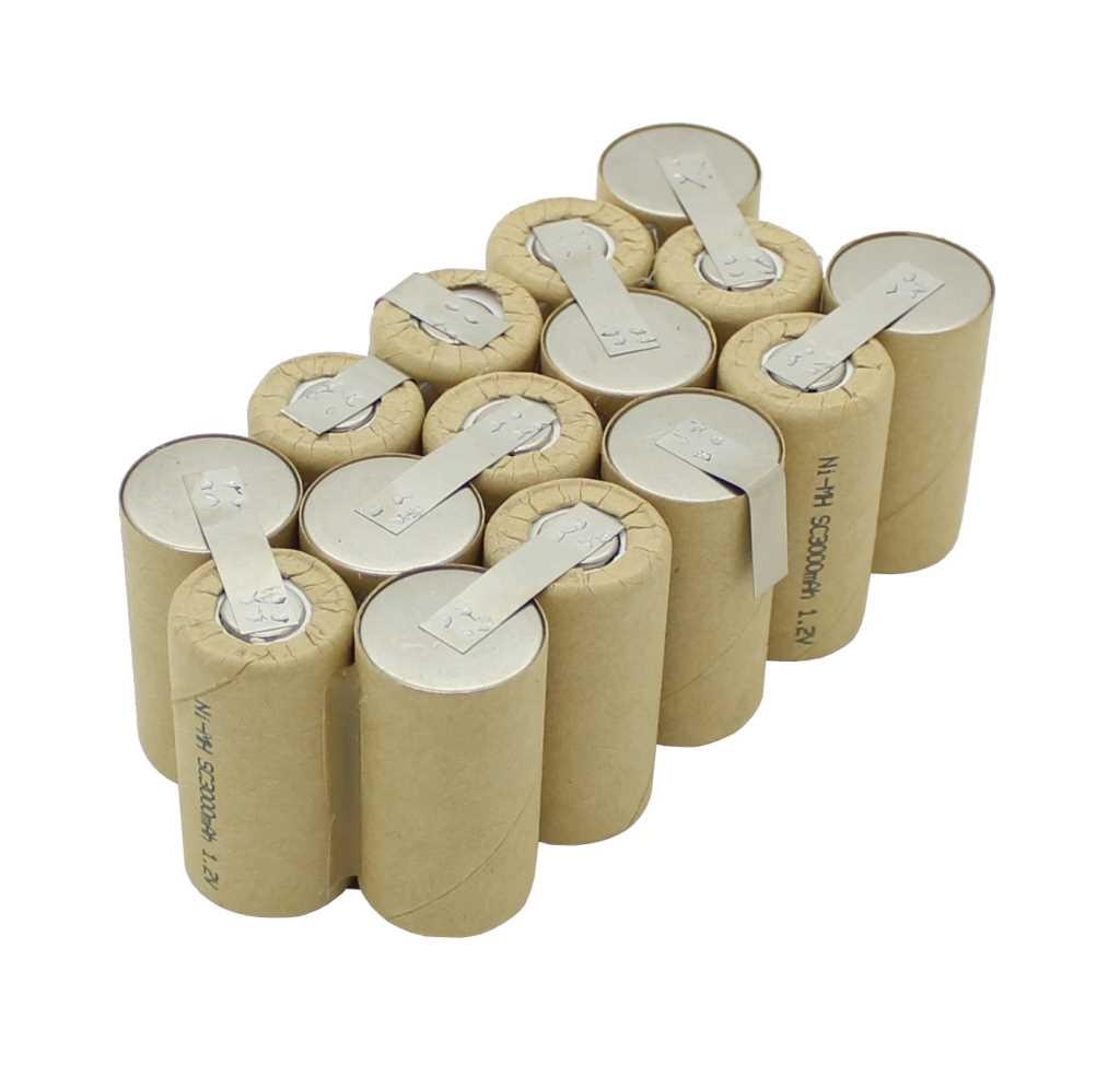 Akkuzellen-Pack aus 15 zylindrischen Zellen mit Lötfahnen, beige ummantelt, in Blockform angeordnet