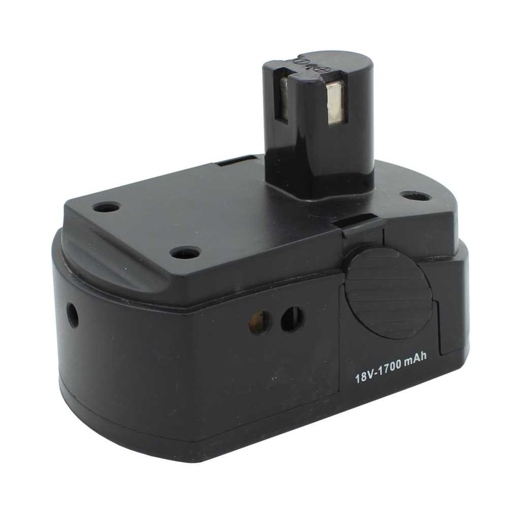 Schwarzer Akku mit Steckanschluss oben und runder Taste an der Seite, seitliche Beschriftung 18V-1700 mAh