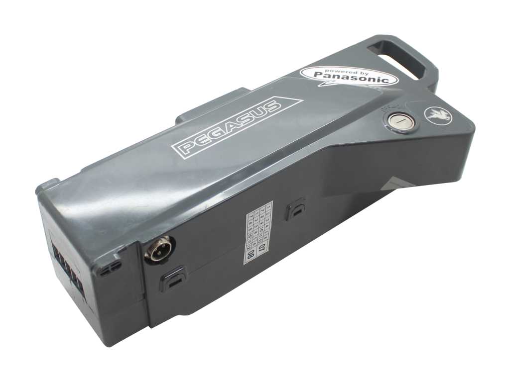 Grauer E-Bike-Akku mit Tragegriff, Schloss und Ladebuchse, seitliche Steckkontakte sichtbar