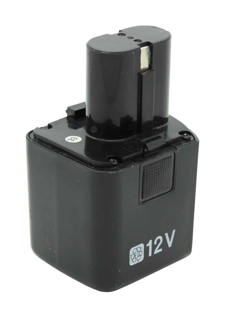Schwarzer Werkzeugakku mit Steckkontakt und Entriegelungstaste, Aufdruck 12V und Recycling-Symbol auf der Frontseite