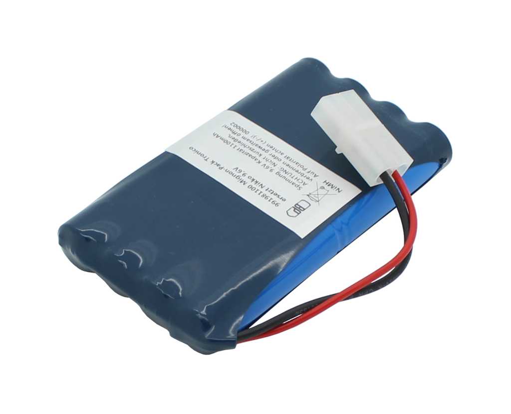 Blauer Akkupack mit weißem Steckverbinder und rot-schwarzen Kabeln, mit Etikett auf der Oberfläche