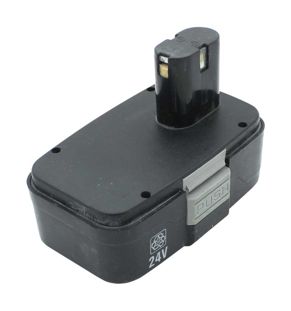 Schwarzer Werkzeugakku mit grauem Entriegelungsknopf und Aufsatzkontakt, seitlich mit 24V beschriftet
