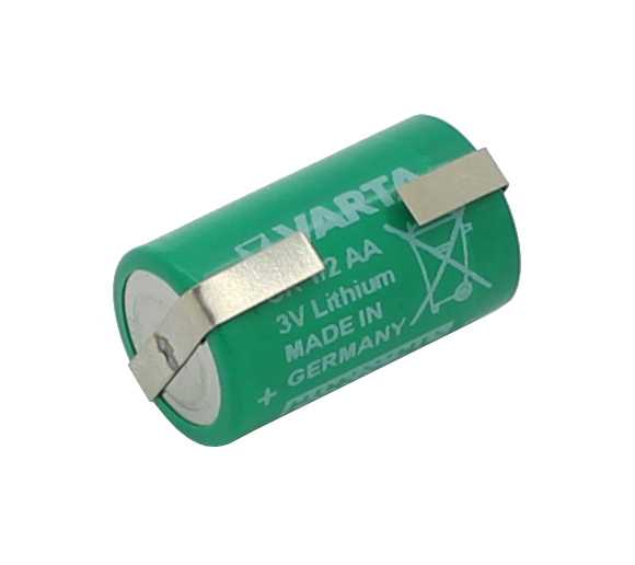 Grüne zylindrische Batterie mit zwei Metalllaschen, seitlich versetzt angebracht