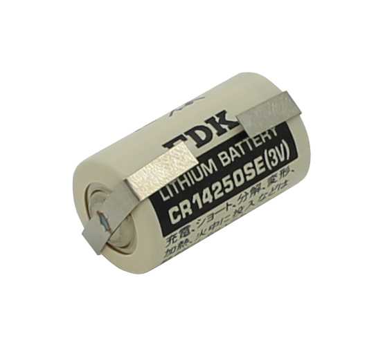 Zylindrische Lithiumbatterie mit zwei Metall-Lötfahnen und seitlichem Etikett in Schwarz und Weiß