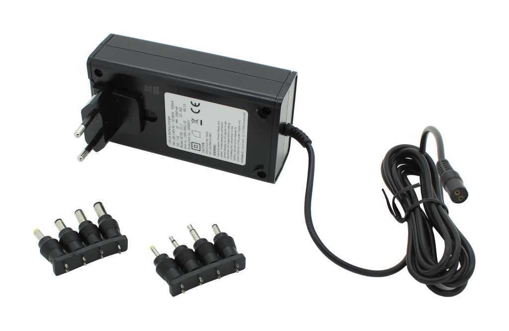 Schwarzes Steckernetzteil mit Eurostecker, Kabel und zwei Reihen runder Adapterstecker auf weißem Hintergrund