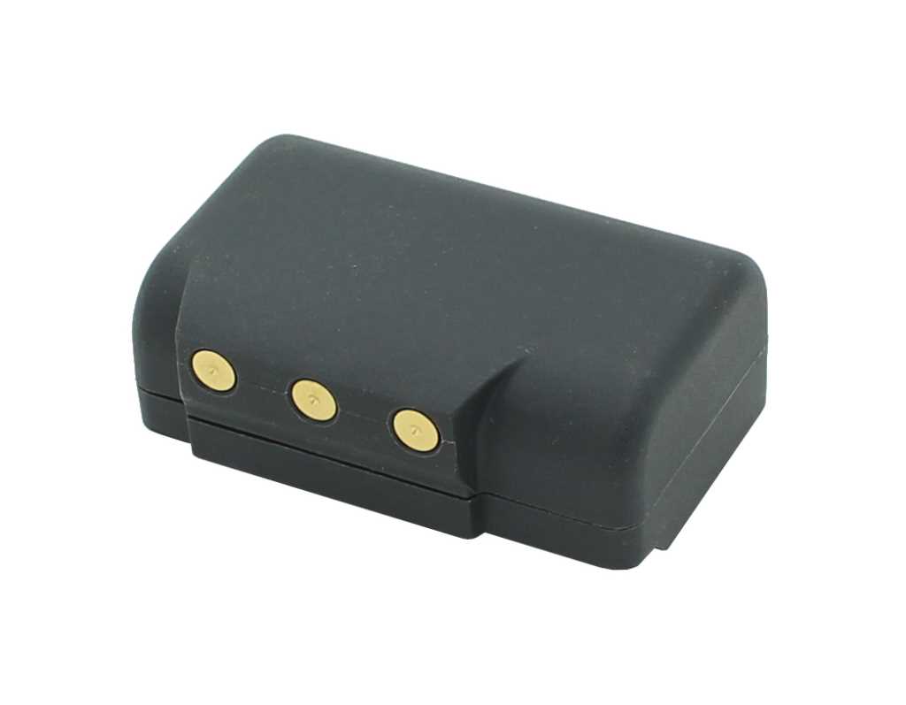 Schwarzer rechteckiger Akkupack mit drei goldfarbenen Kontaktpunkten an der Vorderseite auf weißem Hintergrund