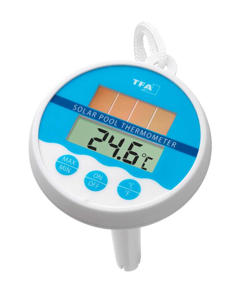 Rundes Poolthermometer in Blau-Weiß mit Solarfeld, Displayanzeige 24,6 °C und Befestigungsleine sichtbar