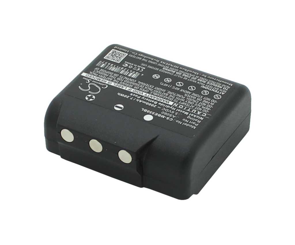 Schwarzer Akku-Pack mit aufgedruckten Hinweisen und drei runden Metallkontakten an der Vorderseite