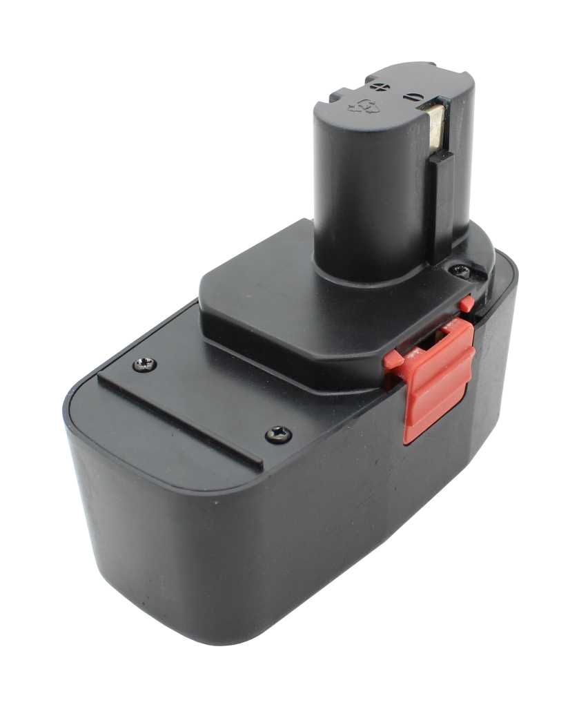 Schwarzer Werkzeugakku mit rotem Entriegelungsschieber, schräg von oben auf weißem Hintergrund abgebildet