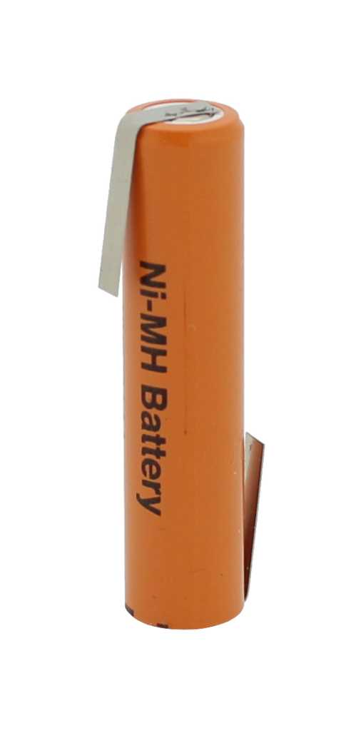 Oranger zylindrischer Akku mit zwei Metall-Lötfahnen, eine oben nach links gebogen und eine seitlich unten