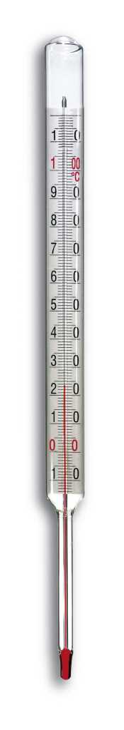 Glasthermometer mit weißer Skala und roter Flüssigkeitssäule, oben abgerundet und unten mit schmalem Stiel