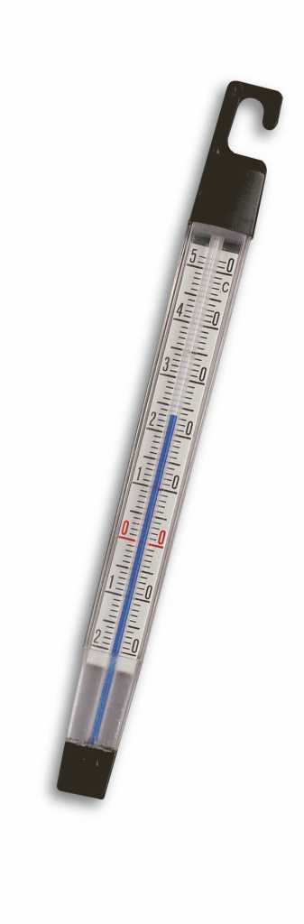 Längliches Thermometer in transparentem Gehäuse mit schwarzem Haken oben und blauer Kapillarröhre
