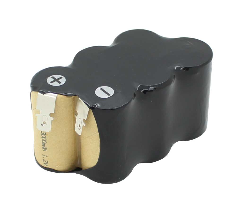 Schwarzer Akkupack mit zwei Metallkontakten und Plus- und Minus-Markierungen an der Stirnseite