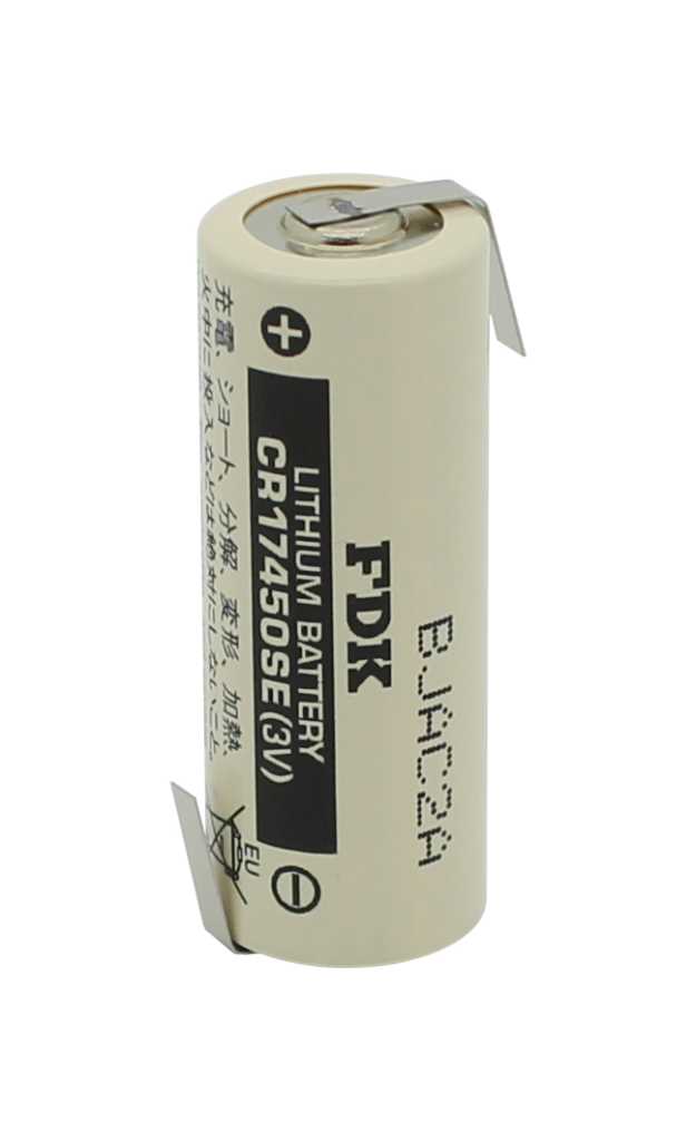 Weiße zylindrische Batterie mit Pluspol-Markierung und zwei seitlichen Metall-Lötfahnen oben und unten