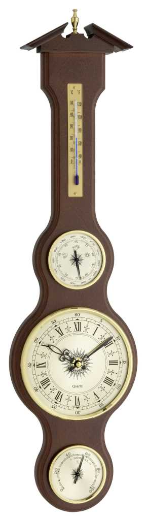 Wandgerät aus dunklem Holz mit Thermometer oben sowie drei runden Messanzeigen in Messingoptik darunter