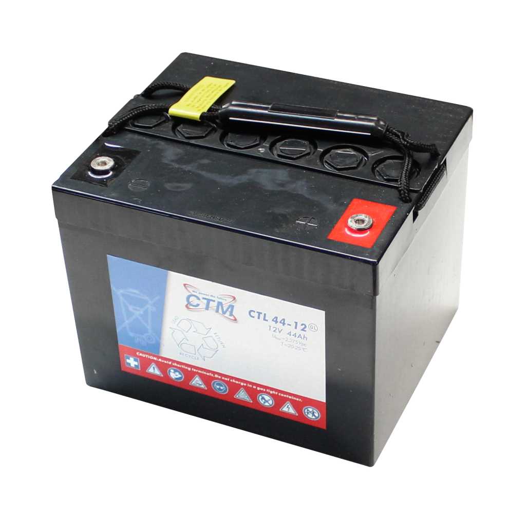 Schwarzer rechteckiger Akku mit Tragegriff oben und zwei Schraubpolen, einer mit roter Markierung, seitliches Etikett