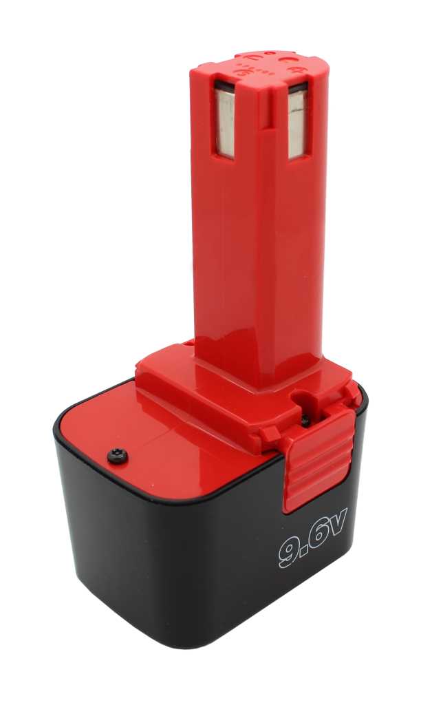 Rot-schwarzer Werkzeugakku mit rotem Steckaufsatz und seitlichem Entriegelungsknopf, Aufdruck 9,6V