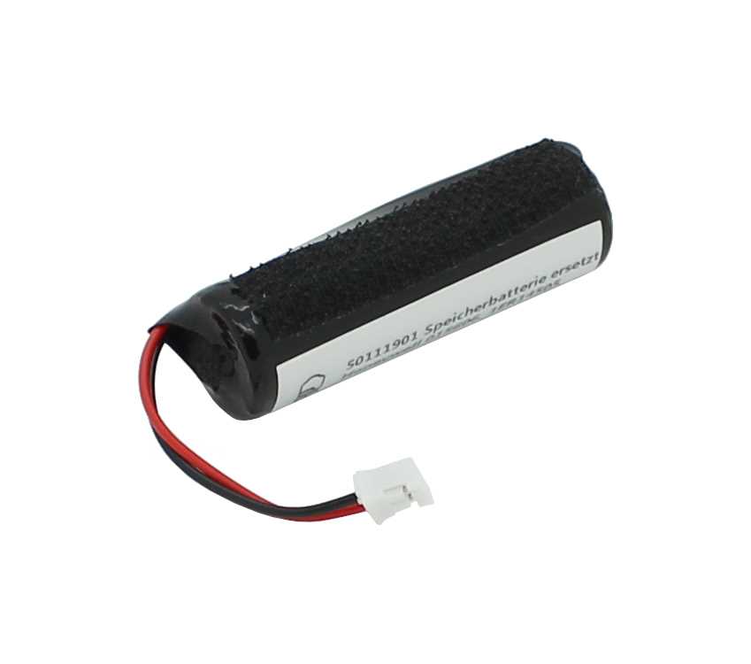 Zylindrische Batterie in schwarzer Schrumpfhülle mit Klettband, rotem und schwarzem Kabel und weißem Stecker