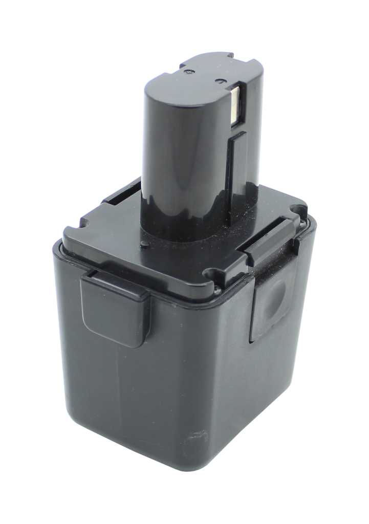 Schwarzer Werkzeugakku mit rechteckigem Gehäuse und zylindrischem Aufsatz, seitlichen Rastnasen und Kontaktfläche oben rechts