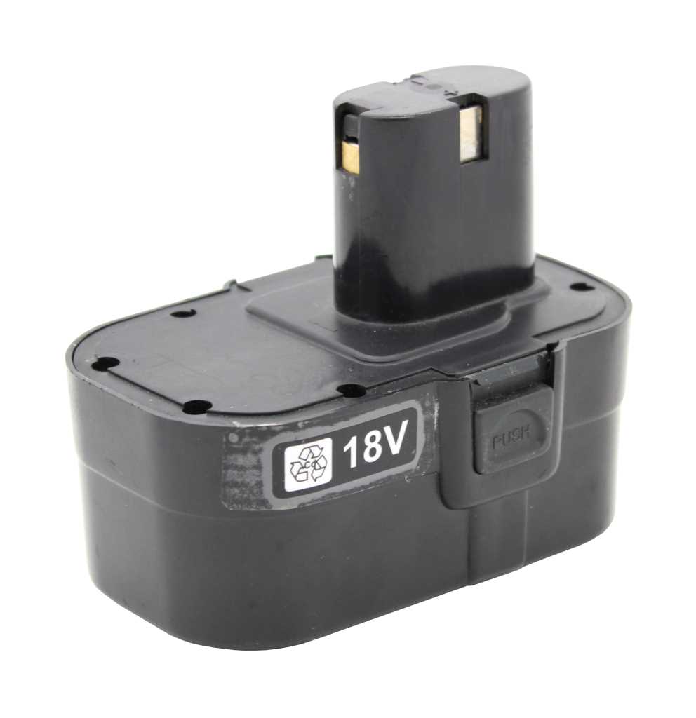 Schwarzer Akku mit Steckaufsatz und Entriegelungstaste, seitlicher Aufkleber mit 18V und Recycling-Symbol