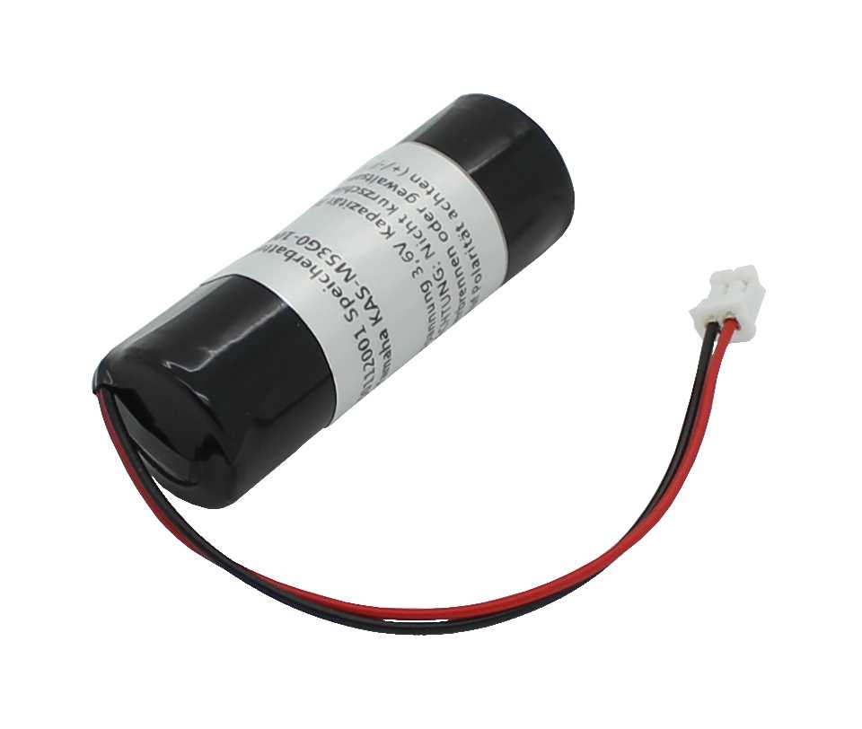 Schwarzer zylindrischer Akkupack mit Etikett, rotem und schwarzem Kabel und weißem Steckverbinder