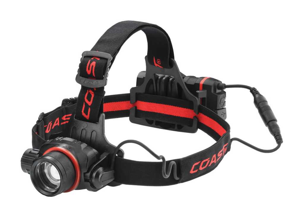 Schwarze Kopflampe mit rotem Ring am Lampenkopf, Kopfband mit roten Streifen, Akkupack hinten und Kabel zum Lampenkopf