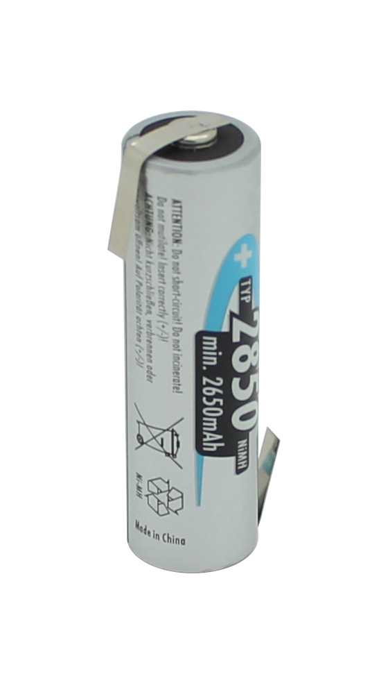 Zylindrischer Akku in Weiß mit Metall-Lötfahnen, Pluspolmarkierung und Aufdruck 2850 mAh