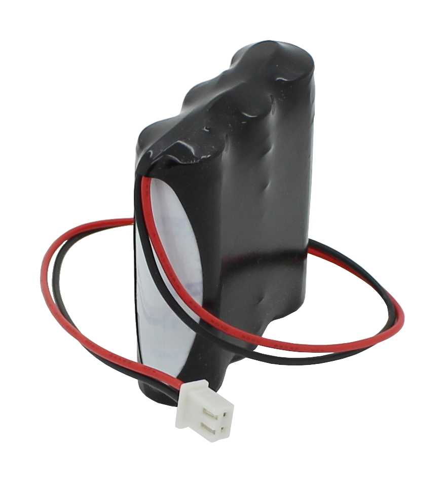 Schwarzer Akkupack mit zwei Drähten (rot und schwarz) und weißem 2-poligem Stecker, seitlich drei Zellen sichtbar