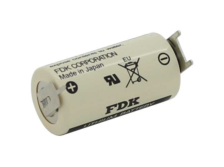 Zylindrische Batterie mit zwei seitlichen Lötfahnen, Plus- und Minuspolmarkierung auf weißem Gehäuse