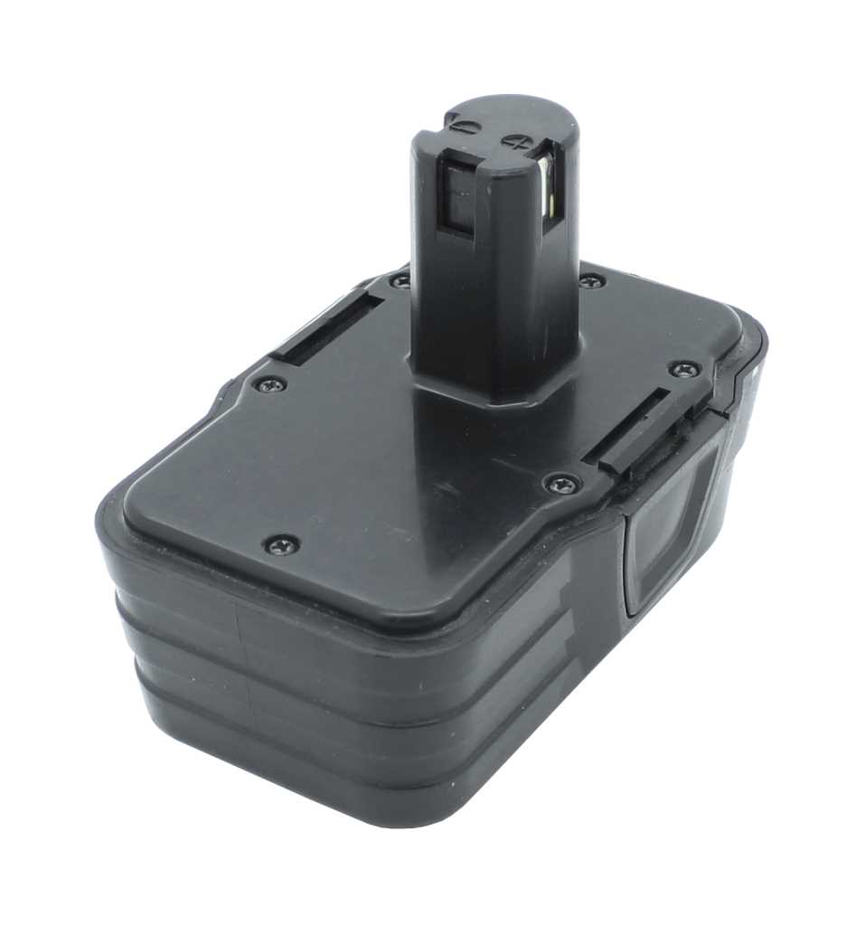 Schwarzer Werkzeugakku mit rechteckigem Gehäuse, sichtbaren Schrauben und hohem Steckanschluss oben auf weißem Hintergrund