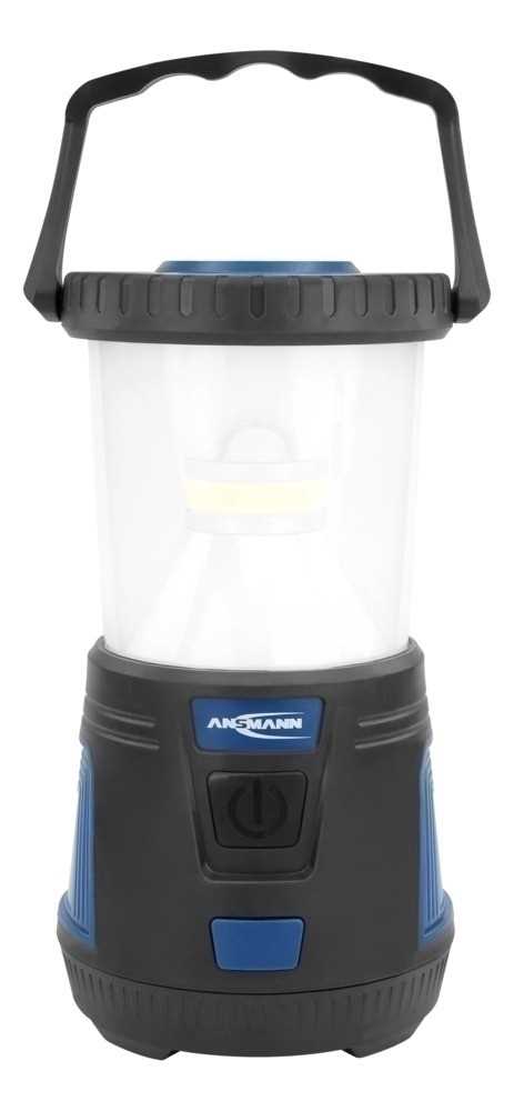 Schwarz-blaue Laterne mit Tragebügel, transparentem Lampenschirm und Ein-/Aus-Taste auf der Vorderseite