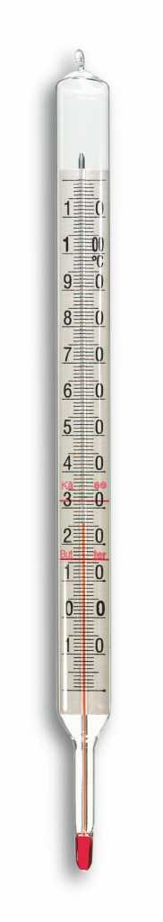Glasthermometer mit Skala bis 110 °C und roter Flüssigkeitssäule, unten rote Schutzkappe