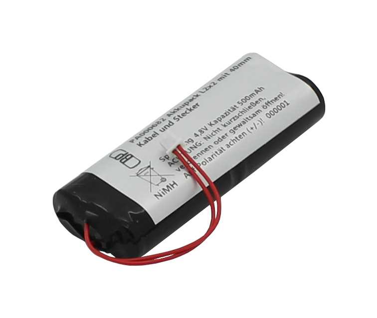 Schwarzer rechteckiger Akkupack mit weißem Etikett und zwei roten Kabeln an der Stirnseite