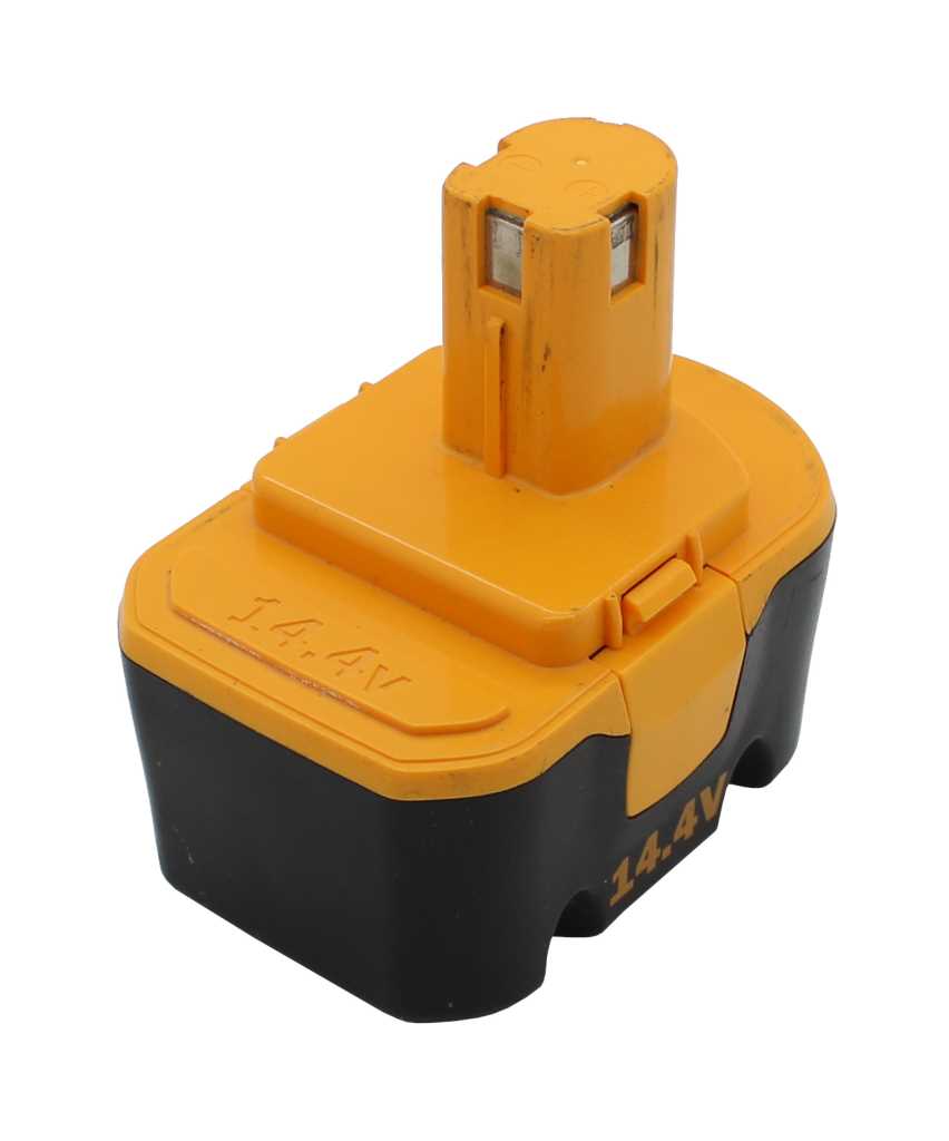 Gelb-schwarzer Werkzeugakku mit erhöhtem Steckaufsatz und Metallkontakten, seitlich Aufdruck 14.4V