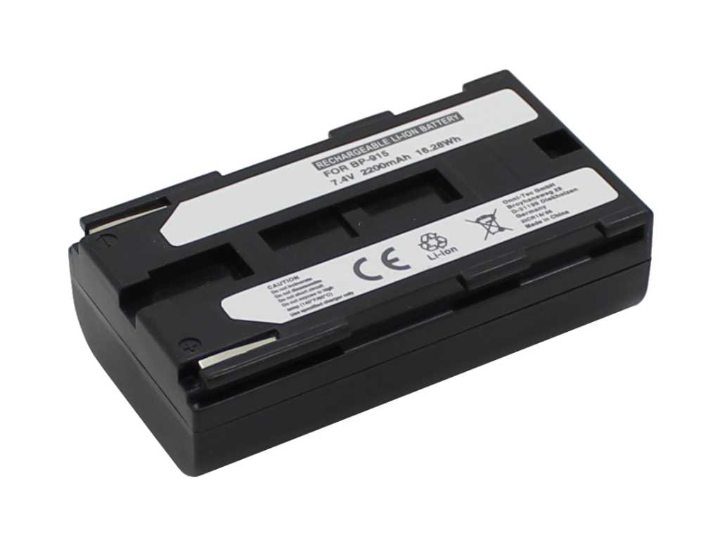 Schwarzer rechteckiger Kameraakku mit Metallkontakten und weißem Etikett auf der Oberseite