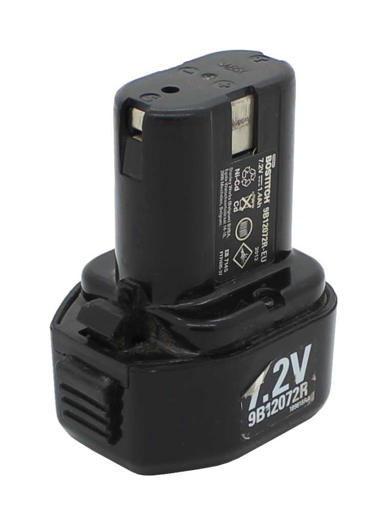 Schwarzer Werkzeugakku mit 7,2V-Aufdruck, Metallkontakten und Entriegelungstaste an der Seite