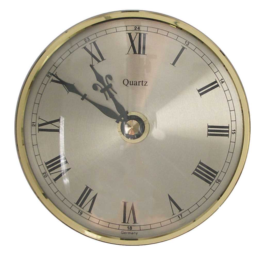 Runde Uhr mit goldfarbenem Rand, silbernem Zifferblatt, römischen Zahlen und schwarzen Zeigern auf 10:50