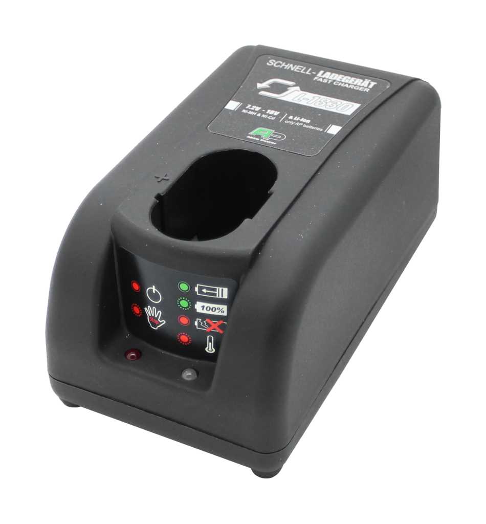 Schwarzes Akkuladegerät mit ovaler Akkuaufnahme, Status-LEDs und Symbolanzeigen auf der Vorderseite